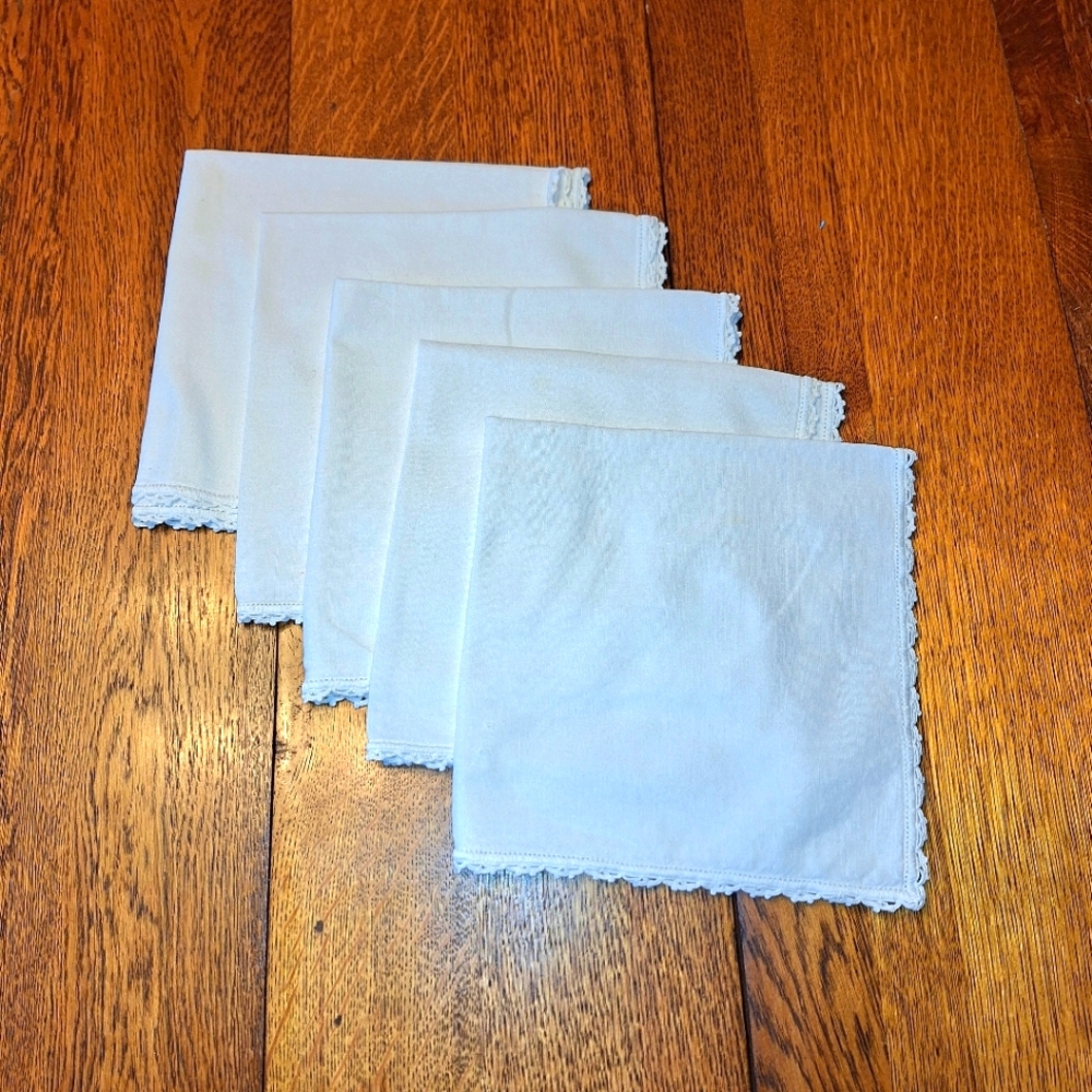 Set of 5 White Linen Napkins with Hand Crotched Edges, 18 X 18.5 Inches,…